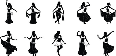 Belly dancer silhouettes in traditional costumes, expressive cultural dance poses, elegant movement illustration, Middle Eastern performance art, graceful rhythm and style