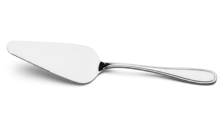 A polished stainless steel cake server with a decorative handle, isolated on a white background.