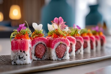 Savoring sushi delicacies presented in an upscale restaurant setting, captured in a close-up food photography style, showcasing culinary art.