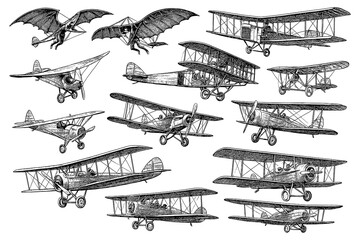 Vintage airplane collection with biplanes, early aircraft and aviation sketches, Transparent Background  © FriskySloths
