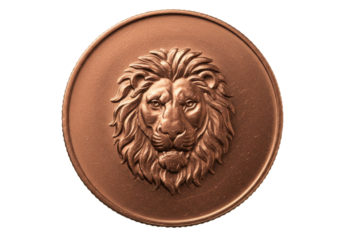 Isolated copper coin depicting a regal lion's head, vintage commemorative currency emblem