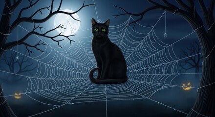 A black cat is sitting in a spider web
