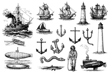 Vintage nautical collage with ships, lighthouses, anchors, submarines and divers, Transparent Background 