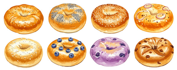 さまざまな種類のベーグルを描いたイラストセット。プレーン、セサミ、ポピーシード、ブルーベリー、チョコチップなど、カフェやベーカリー関連のデザインに使いやすい素材