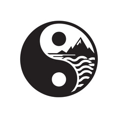 yin-yang shaped by ocean and mountain vector silhouette clip art logo design illustration