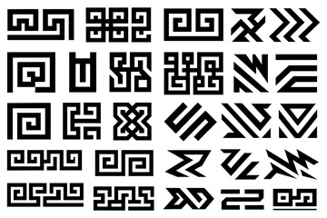 Set of abstract geometric maze and spiral pattern symbols in bold black design, Transparent Background