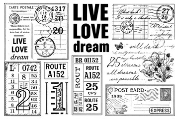 Vintage collage of bingo card, postcard, ticket stubs, receipts, and handwritten notes, Transparent Background 