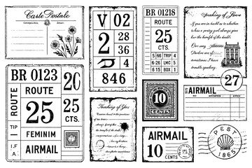 Vintage collage of bingo card, postcard, ticket stubs, receipts, and handwritten notes, Transparent Background 