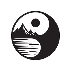 yin-yang shaped by ocean and mountain vector silhouette clip art logo design illustration