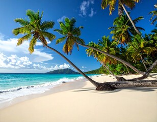 Idyllic tropical beach scene with leaning palm trees, turquoise water, and white sand