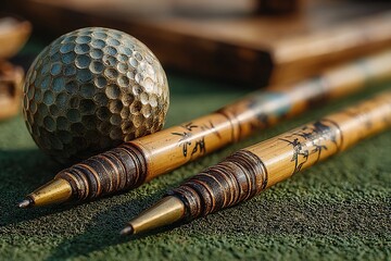 Golf balls placed with bamboo sticks on turf high resolution picture