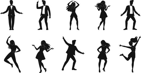 Dance silhouettes in formal and semi-formal attire, expressive poses, diverse movement illustration, cultural performance art, elegant social dance design