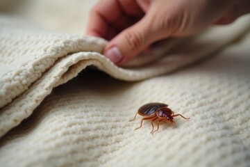 Swift action: Professional exterminator removes bed bug from cozy blanket