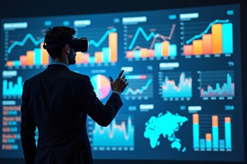 A Business Analyst Utilizing Virtual Reality Glasses in Front of an Interactive Data Dashboard with Colorful Charts and Graphs Displayed