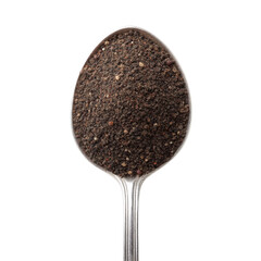 Close-Up of a Spoon Filled with Dark Ground Spice on a White Background for Culinary Use and Creative Projects