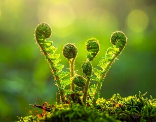 New fern sprouts in morning light