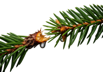 Freshly snapped vibrant green fir branch, sharp emerald needles, broken reddish stem with raw wood, glistening sap oozing, isolated on transparent, dramatic chiaroscuro lighting, concept of natural