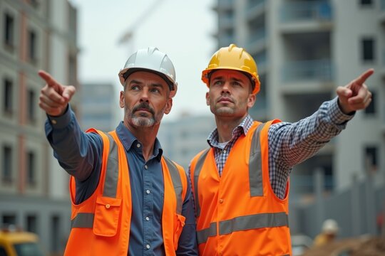 Confused Engineer and Inspector at Construction Site Pointing in Different Directions in Photo