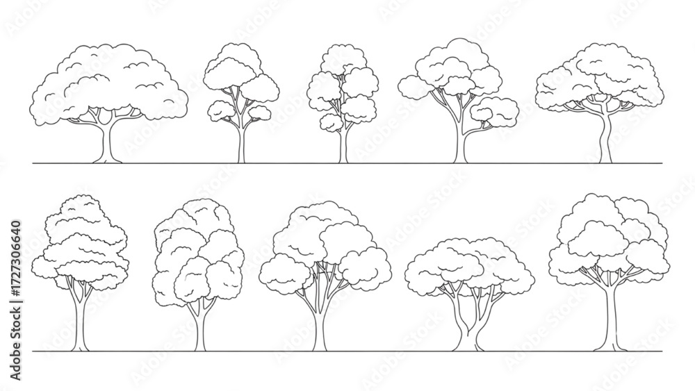 Wall mural architectural tree line drawings – minimal cad side view forest section outline set for landscape de