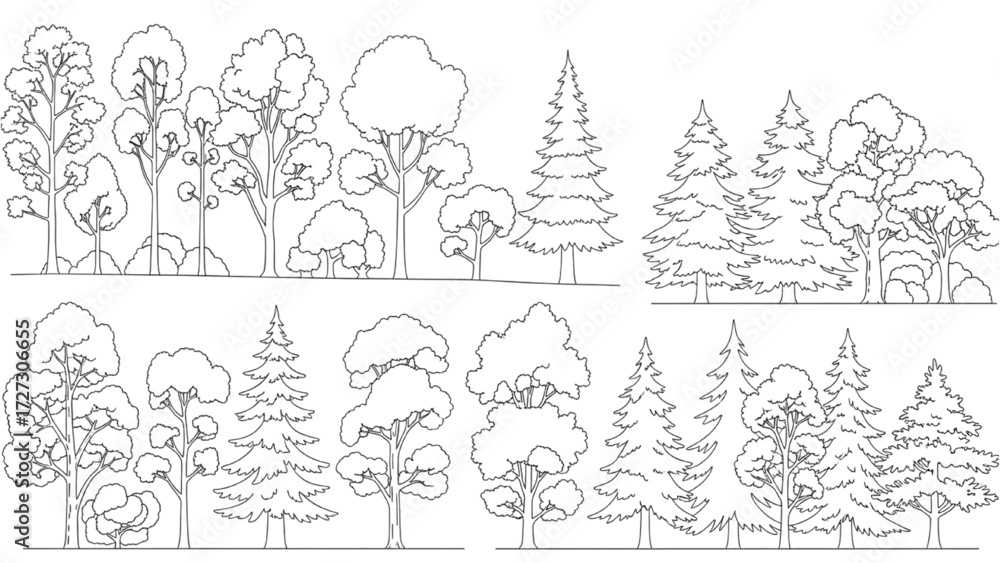 Wall mural architectural tree line drawings – minimal cad side view forest section outline set for landscape de