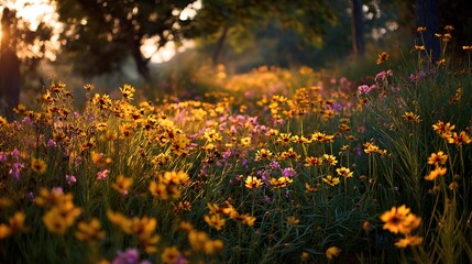 Obraz premium Flower field bathed in golden glow under fading sunlight