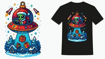Alien UFO Christmas Santa Vector T-shirt Design, Funny Alien Spaceship Holiday T-shirt Artwork, Christmas Invasion Alien UFO T-shirt Print, Cute Alien Santa Claus Christmas T-shirt Graphic © SMFARHANTANVIR