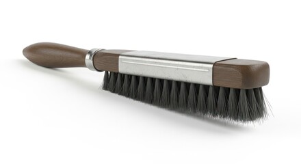 A close-up studio shot of a wire brush with a wooden handle, isolated on a white background.