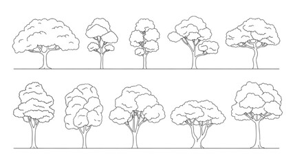 Architectural Tree Line Drawings – Minimal CAD Side View Forest Section Outline Set for Landscape Design AI EPS PNG JPEG.
