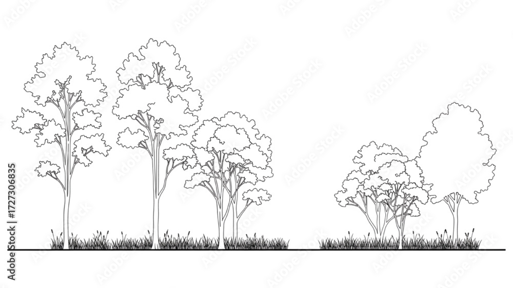 Wall mural architectural tree line drawings – minimal cad side view forest section outline set for landscape de