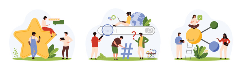 Search engine and review services set. Tiny people rate positive experience of product with gold star, find content in browser with magnifying, glass, link data network cartoon vector illustration