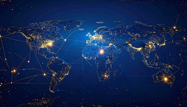 Global Network Connectivity World Map with City Lights and Connection Lines.
