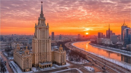 Obraz premium Majestic sunset over iconic moscow skyline russia aerial view urban landscape evening serenity