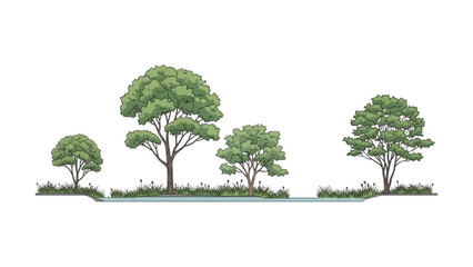 Architectural Tree Line Drawings – Minimal CAD Side View Forest Section Outline Set for Landscape Design AI EPS PNG JPEG.  © Stock Image Zone