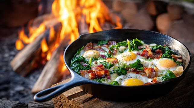 Cast iron skillet with eggs, bacon, and spinach cooked over a campfire, surrounded by glowing flames and wooden logs