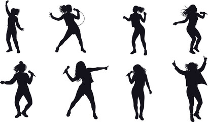 Energetic silhouettes of singers and dancers performing on stage with microphones, dynamic concert poses, expressive music performance, lively entertainment background