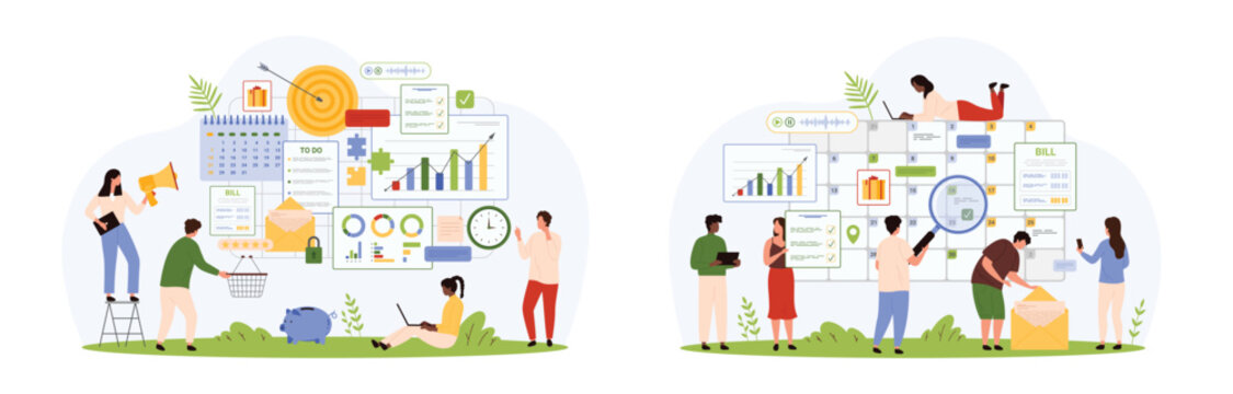 Project organization, planning process set. Tiny people plan daily tasks with planner and magnifying glass, using smart schedule organizer on board with creative elements cartoon vector illustration