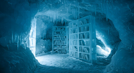 Icy Cave Library with Frozen Shelves