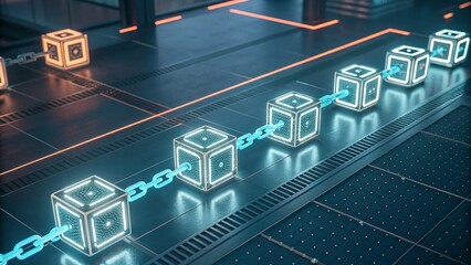 Glowing cubes connected by chains on a futuristic metallic surface with orange light accents above them created with generated ai