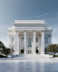 Obraz premium An imposing neoclassical luxury villa exterior, clad entirely in white marble. Features towering corinthian columns, ornate architectural details, and a grand entrance, representing wealthy