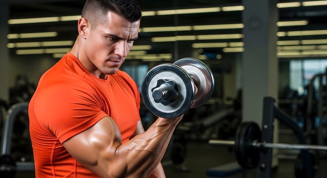 Muscular man intensely lifting dumbbells in a gym, showcasing strength training, dedication to fitness, and a focused workout routine. - Powered by Adobe