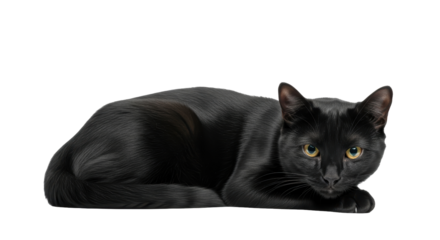 Isolated black cat resting looking forward with cute expressive yellow eyes indoors