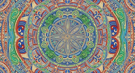 Naklejka premium Vibrant, intricate mandala design bursts with rich blues, reds, and greens, offering a stunning visual centerpiece for cultural or spiritual themes.