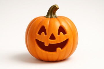 Fototapeta premium Cute 3D jack o lantern character with friendly carved face glossy orange skin green stem and soft studio light isolated on white for festive Halloween designs