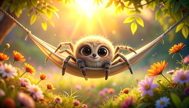 Adorable, cartoon spider with large eyes relaxes in a hammock amidst wildflowers and sunlight, enjoying nature