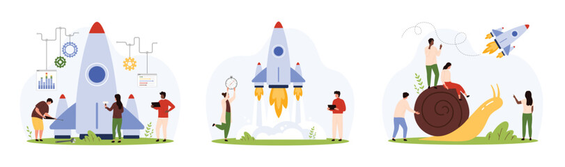 Team preparation and project start, boost of idea and product set. Tiny people launch fast rocket of startup into sky, business competition of flying spaceship and snail cartoon vector illustration © Iconic Prototype