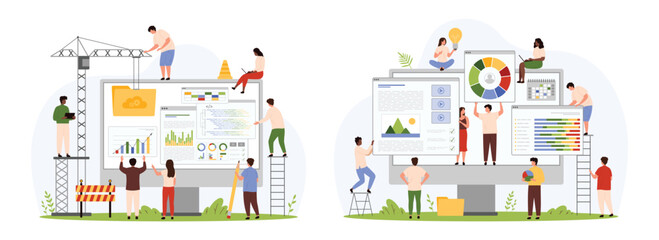 Website project creation process, development of graphic interface usability set. Tiny people and crane building new webpage design, user menu layout on computer screen cartoon vector illustration