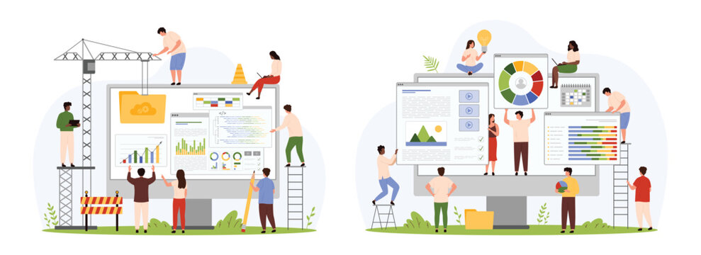 Website project creation process, development of graphic interface usability set. Tiny people and crane building new webpage design, user menu layout on computer screen cartoon vector illustration