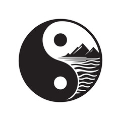 yin-yang shaped by ocean and mountain vector silhouette clip art logo design illustration