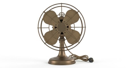 A vintage brass desk fan with four blades and a protective cage, set against a white background.