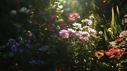 Late sun illuminating garden flowers gentle warm tones